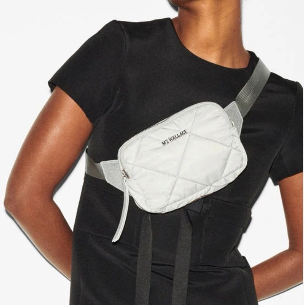 MZ Wallace Madison Belt Bag Frost Silver Quilted Crossbody Bag Travel Festival